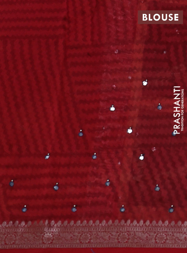 Chanderi silk cotton saree peacock blue and kumkum red with allover geometric prints & mirror work and woven border