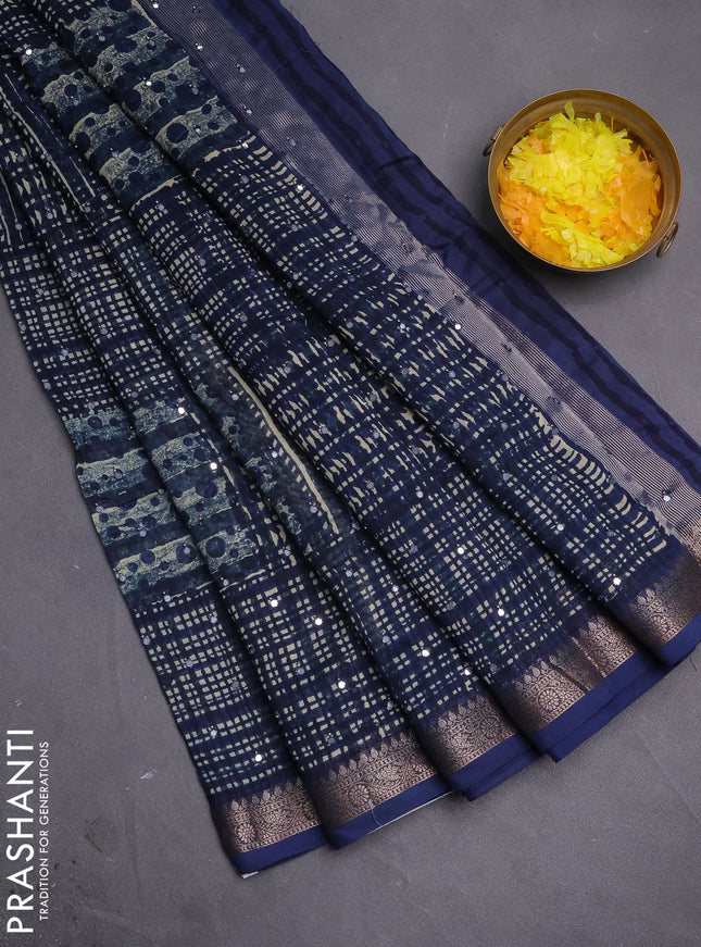 Chanderi silk cotton saree dark blue with allover geometric prints & mirror work and woven border