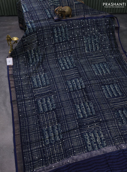 Chanderi silk cotton saree dark blue with allover geometric prints & mirror work and woven border