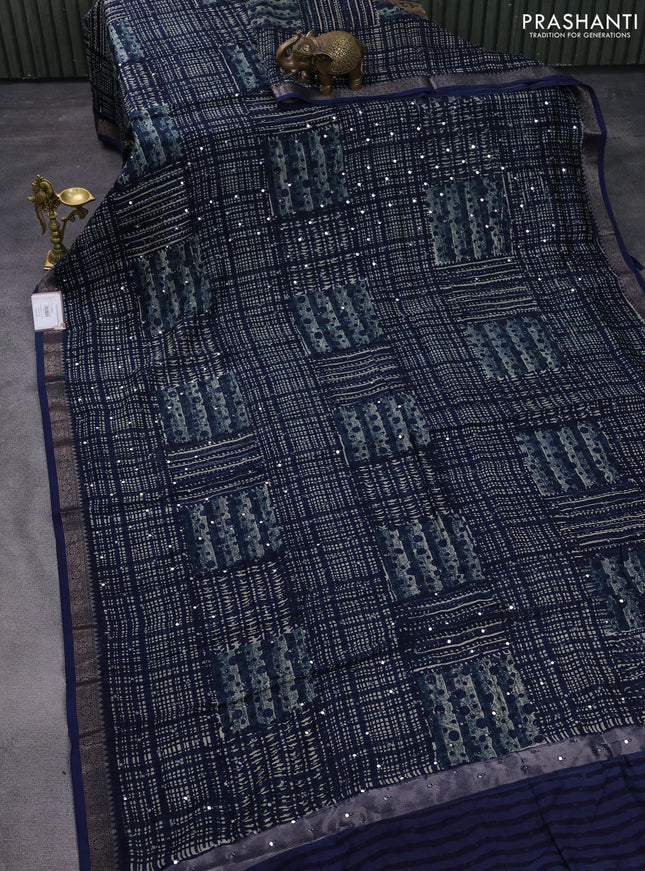 Chanderi silk cotton saree dark blue with allover geometric prints & mirror work and woven border