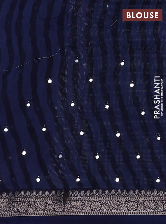 Chanderi silk cotton saree dark blue with allover geometric prints & mirror work and woven border