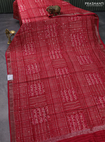 Chanderi silk cotton saree red with allover geometric prints & mirror work and woven border