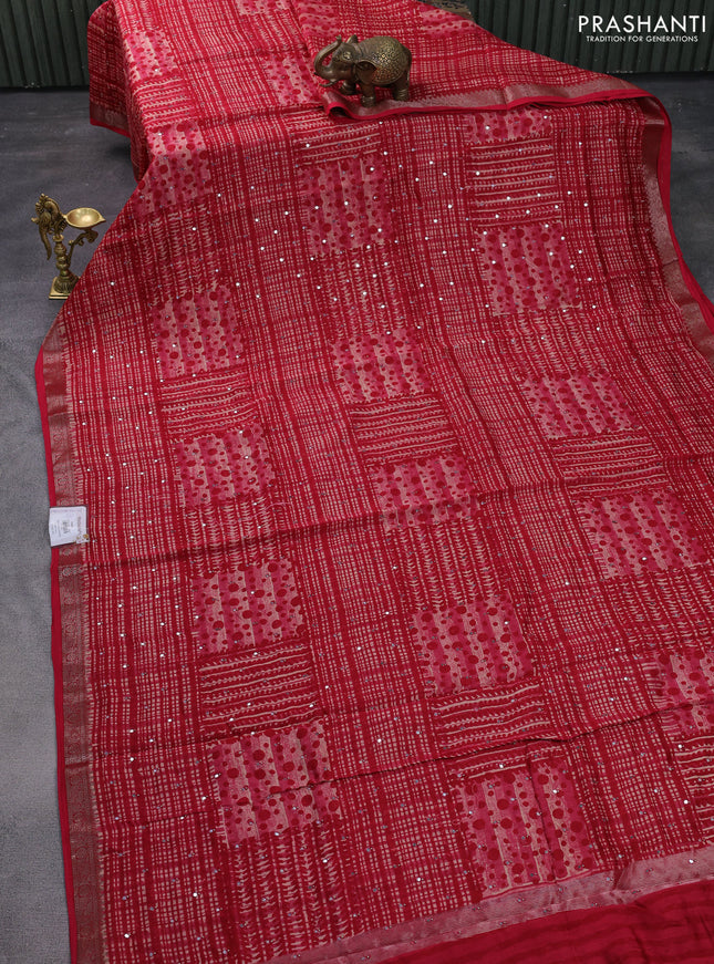 Chanderi silk cotton saree red with allover geometric prints & mirror work and woven border