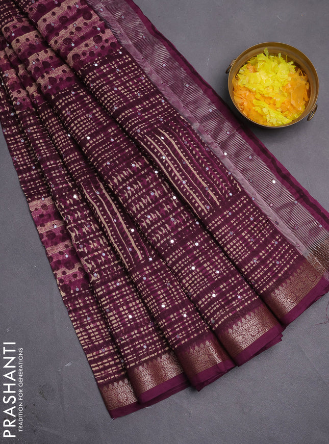 Chanderi silk cotton saree purple with allover geometric prints & mirror work and woven border