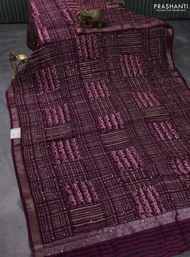 Chanderi silk cotton saree purple with allover geometric prints & mirror work and woven border