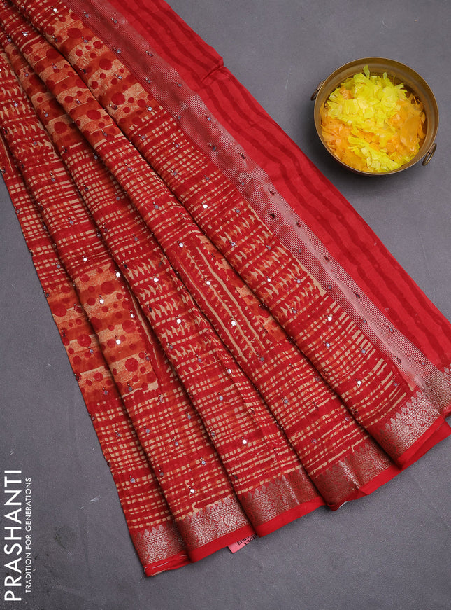 Chanderi silk cotton saree rustic orange and red with allover geometric prints & mirror work and woven border