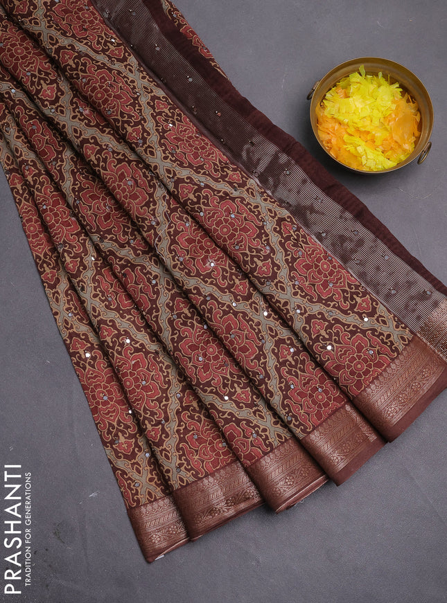 Chanderi silk cotton saree brown with allover prints & mirror work and woven border