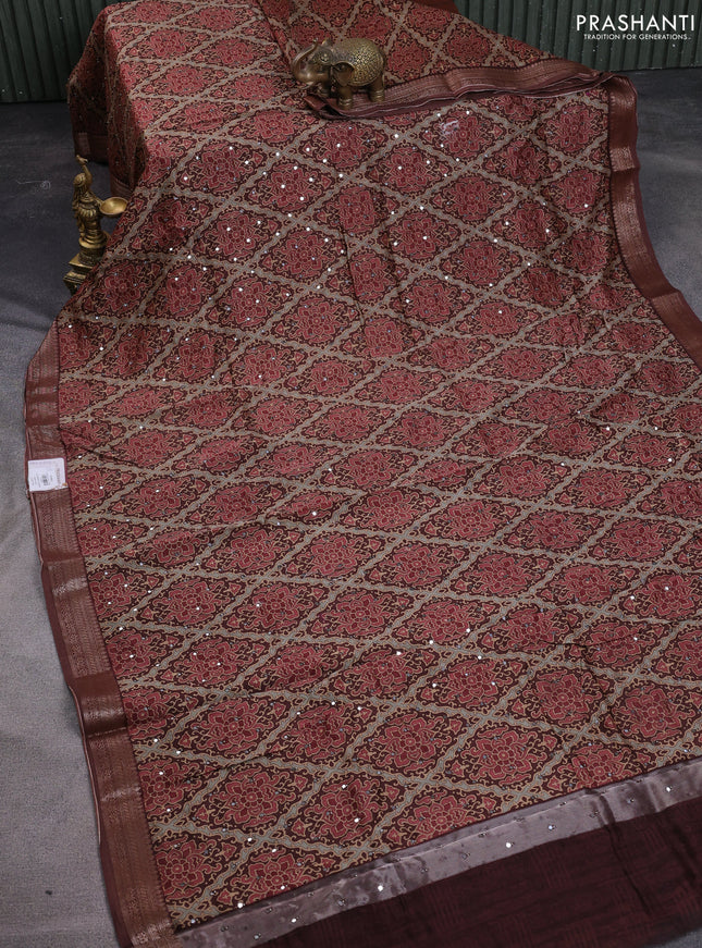 Chanderi silk cotton saree brown with allover prints & mirror work and woven border