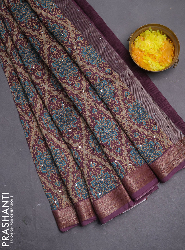 Chanderi silk cotton saree wine shade with allover prints & mirror work and woven border