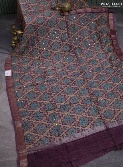 Chanderi silk cotton saree wine shade with allover prints & mirror work and woven border