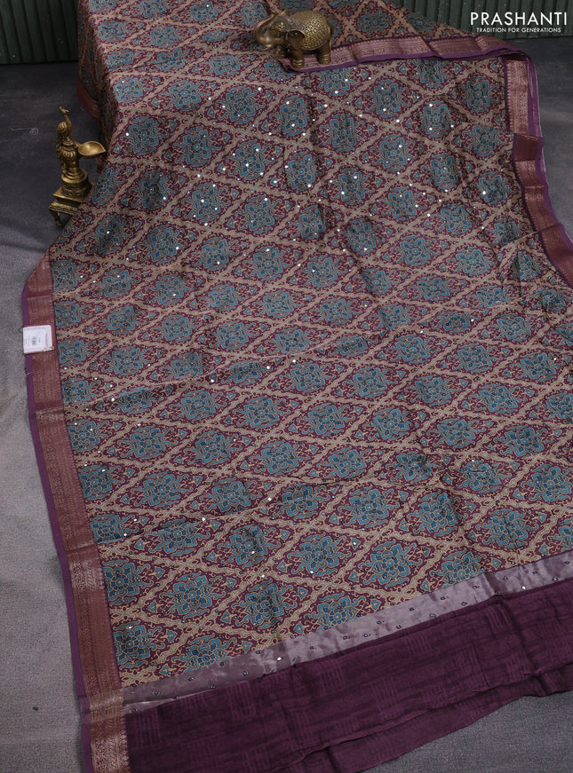 Chanderi silk cotton saree wine shade with allover prints & mirror work and woven border