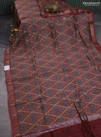 Chanderi silk cotton saree pastel maroon with allover prints & mirror work and woven border