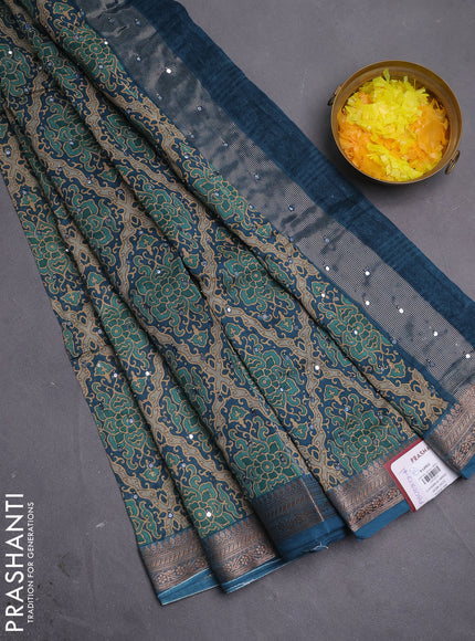 Chanderi silk cotton saree peacock blue with allover prints & mirror work and woven border