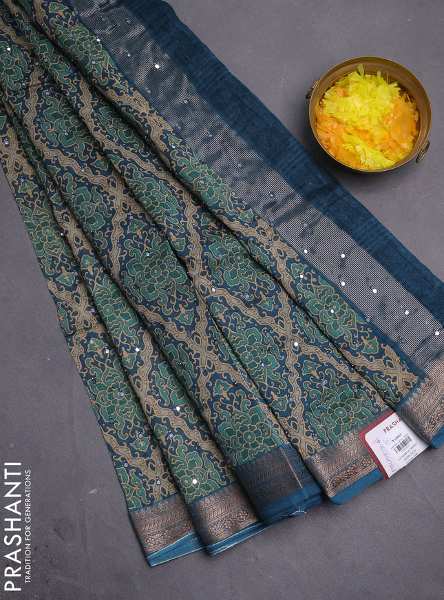 Chanderi silk cotton saree peacock blue with allover prints & mirror work and woven border