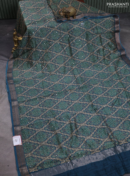 Chanderi silk cotton saree peacock blue with allover prints & mirror work and woven border