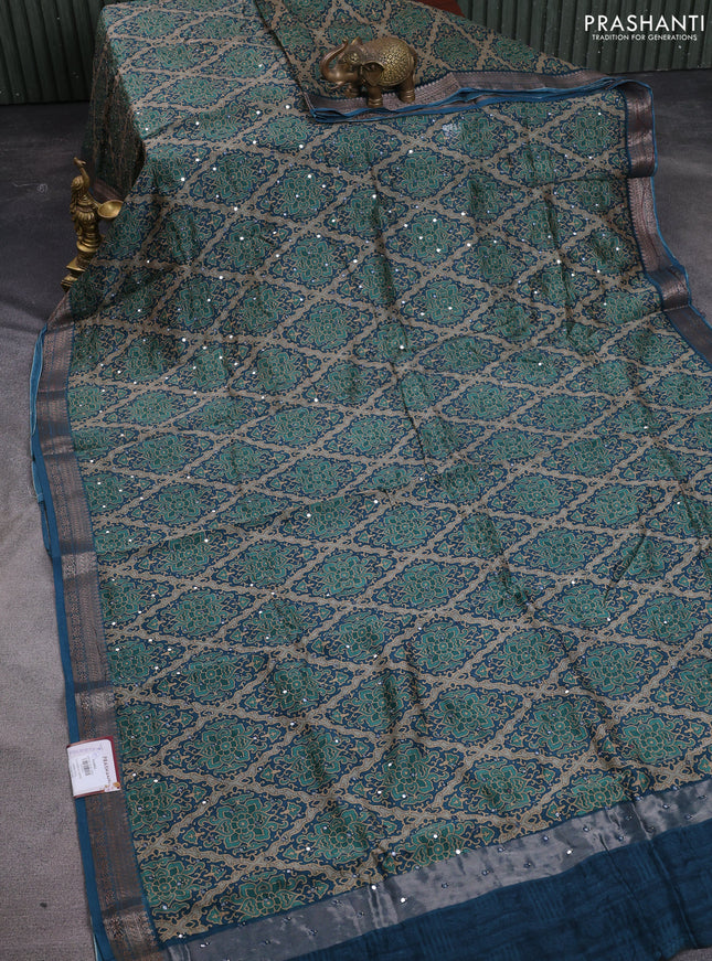 Chanderi silk cotton saree peacock blue with allover prints & mirror work and woven border