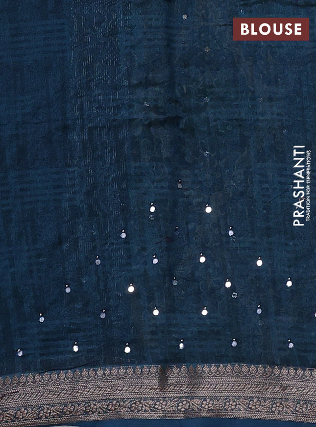 Chanderi silk cotton saree peacock blue with allover prints & mirror work and woven border