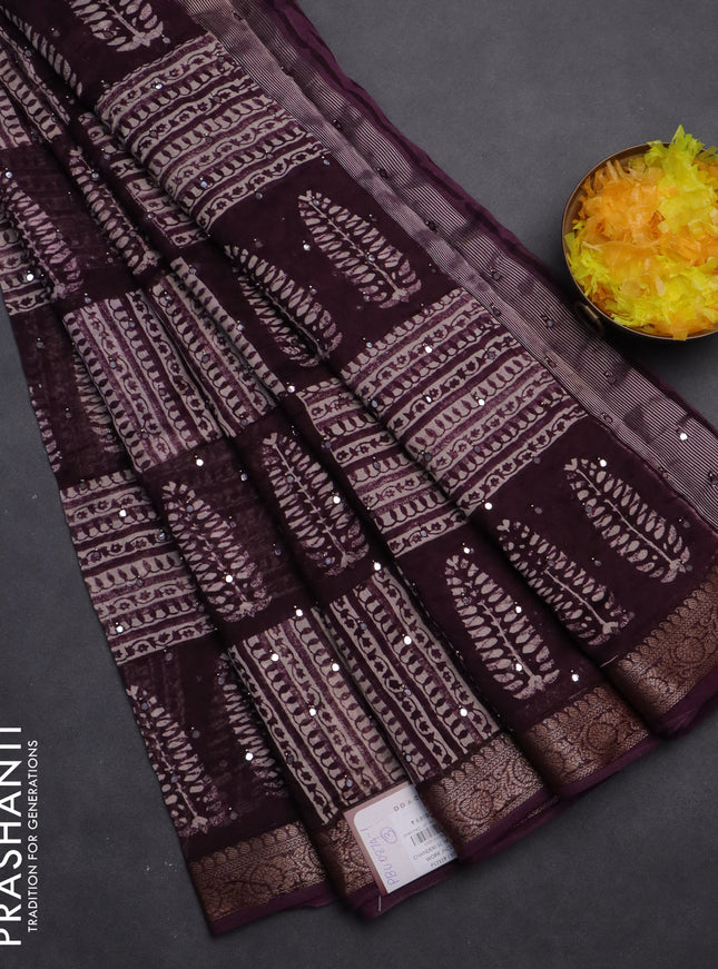 Chanderi silk cotton saree wine shade with allover prints & mirror work and woven border