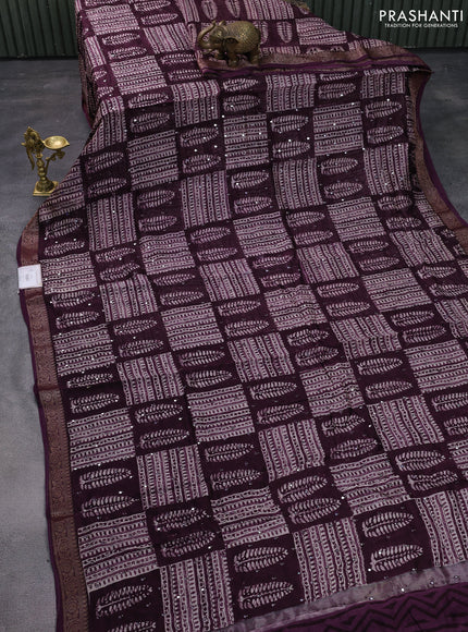 Chanderi silk cotton saree wine shade with allover prints & mirror work and woven border