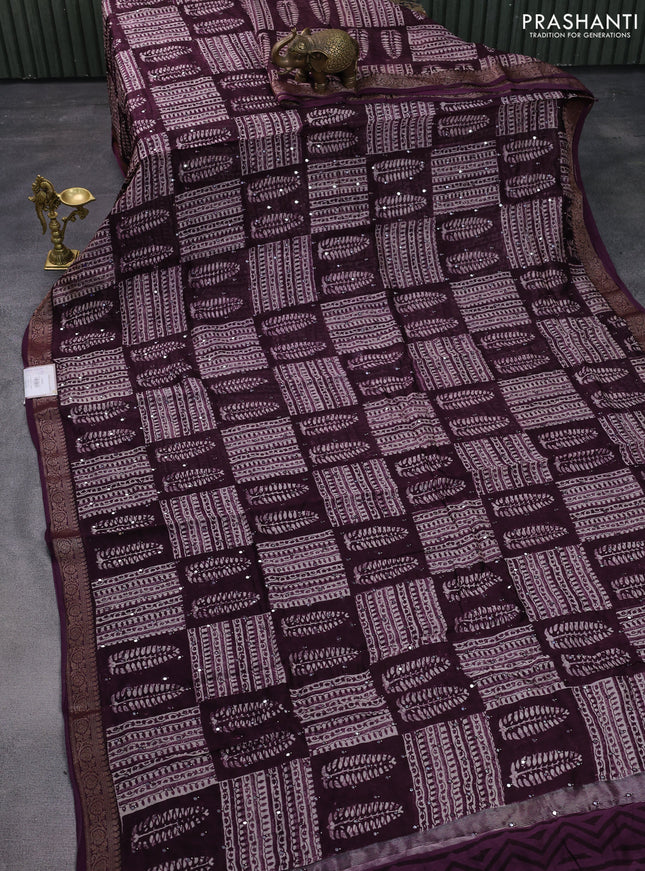Chanderi silk cotton saree wine shade with allover prints & mirror work and woven border