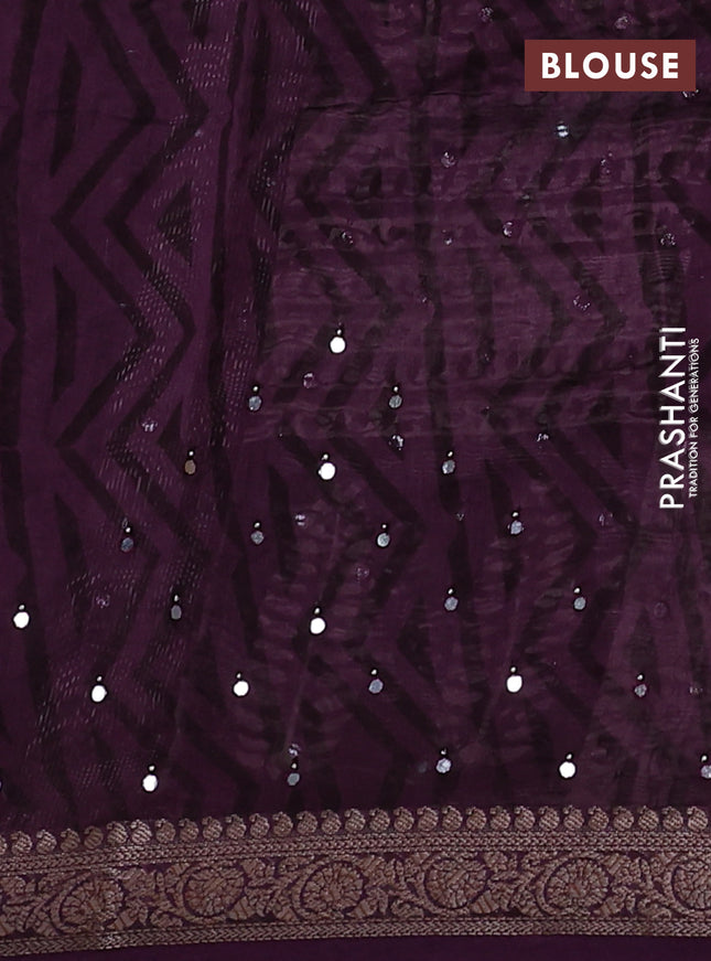 Chanderi silk cotton saree wine shade with allover prints & mirror work and woven border