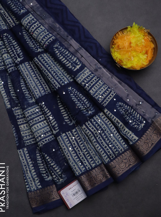 Chanderi silk cotton saree peacock blue with allover prints & mirror work and woven border