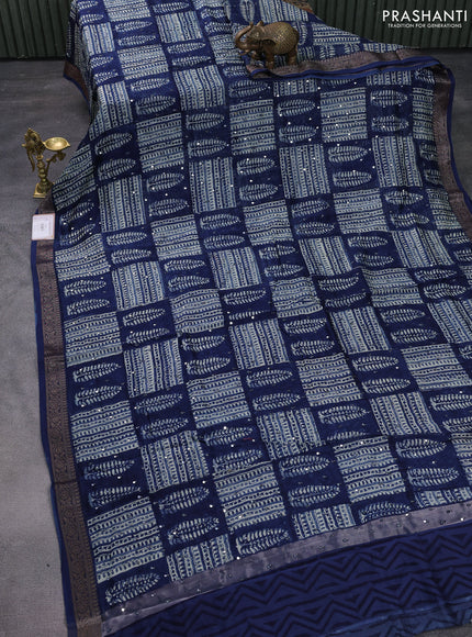 Chanderi silk cotton saree peacock blue with allover prints & mirror work and woven border