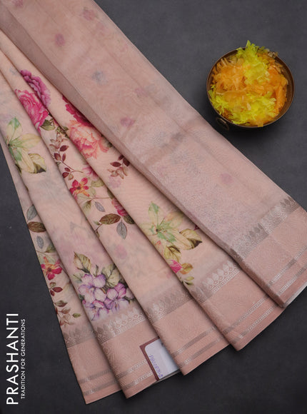 Chanderi silk cotton saree mild peach with allover floral digital prints and thread & zari woven border