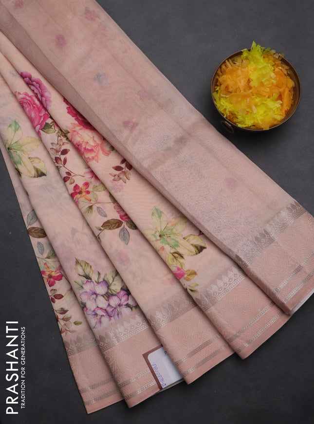 Chanderi silk cotton saree mild peach with allover floral digital prints and thread & zari woven border