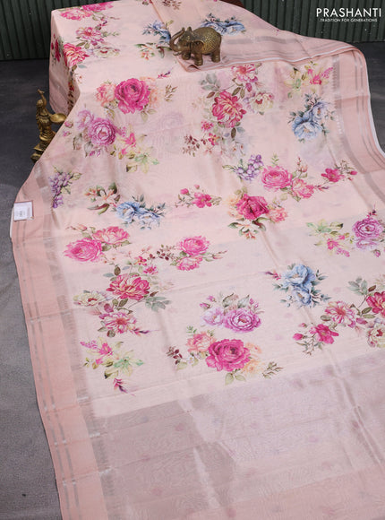 Chanderi silk cotton saree mild peach with allover floral digital prints and thread & zari woven border