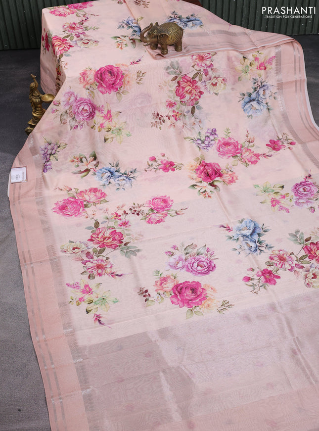 Chanderi silk cotton saree mild peach with allover floral digital prints and thread & zari woven border