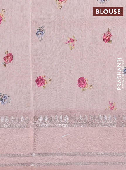 Chanderi silk cotton saree mild peach with allover floral digital prints and thread & zari woven border