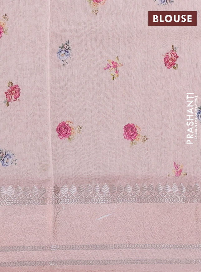 Chanderi silk cotton saree mild peach with allover floral digital prints and thread & zari woven border