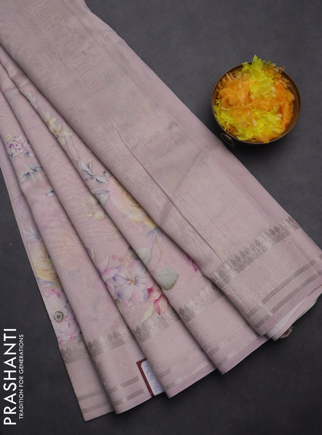 Chanderi silk cotton saree pastel pink with allover floral digital prints and thread & zari woven border
