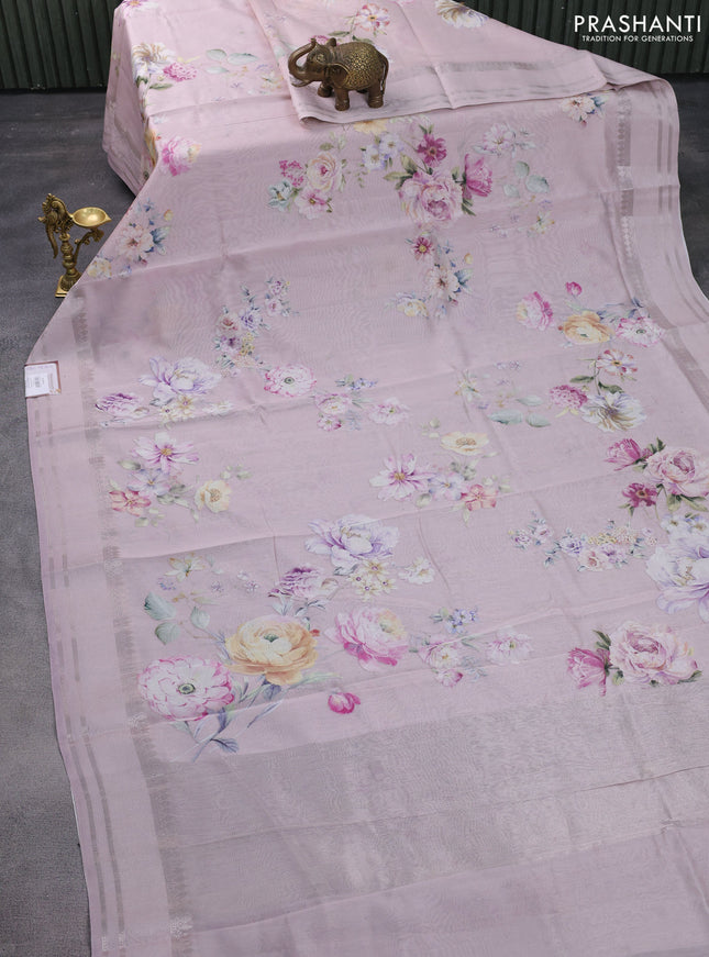 Chanderi silk cotton saree pastel pink with allover floral digital prints and thread & zari woven border