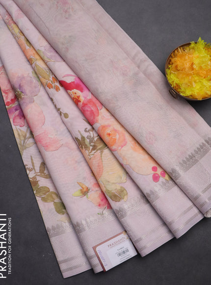 Chanderi silk cotton saree baby pink with allover floral digital prints and thread & zari woven border