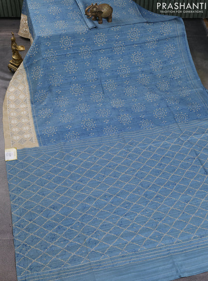 Semi tussar saree blue shade and beige with allover bandhani prints and embroidery cut work border