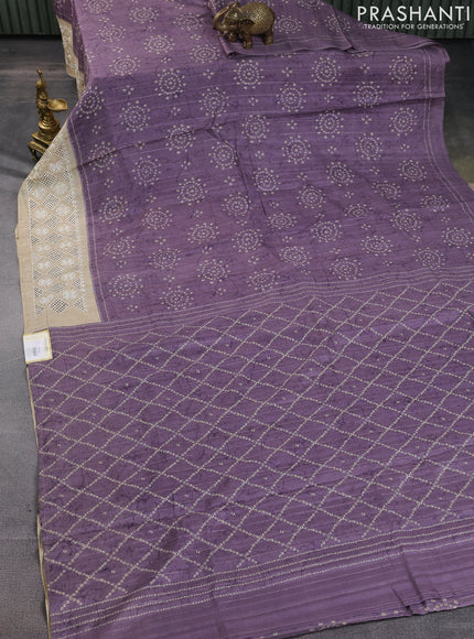 Semi tussar saree violet shade and beige with allover bandhani prints and embroidery cut work border