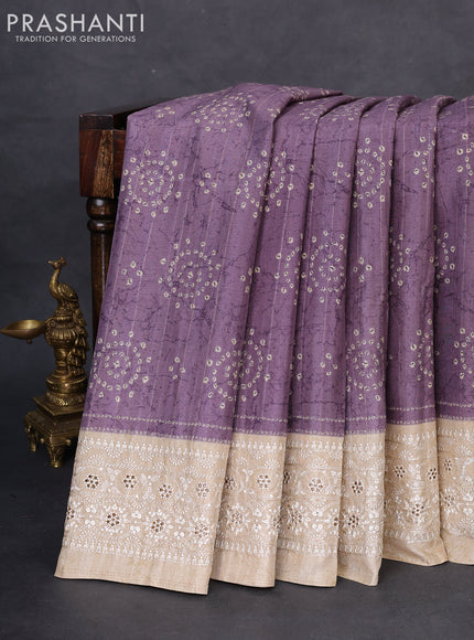 Semi tussar saree pastel lavender and beige with allover bandhani prints and embroidery cut work border