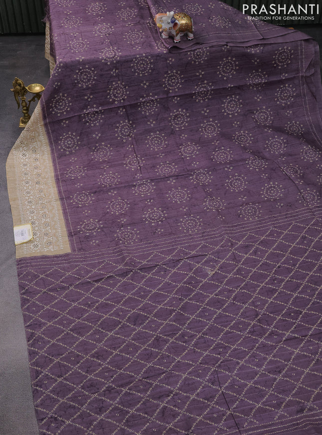 Semi tussar saree pastel lavender and beige with allover bandhani prints and embroidery cut work border
