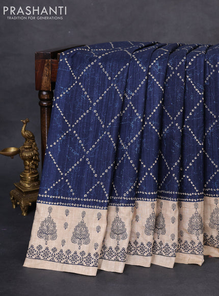 Semi tussar saree peacock blue and beige with allover bandhani prints and embroidery work border