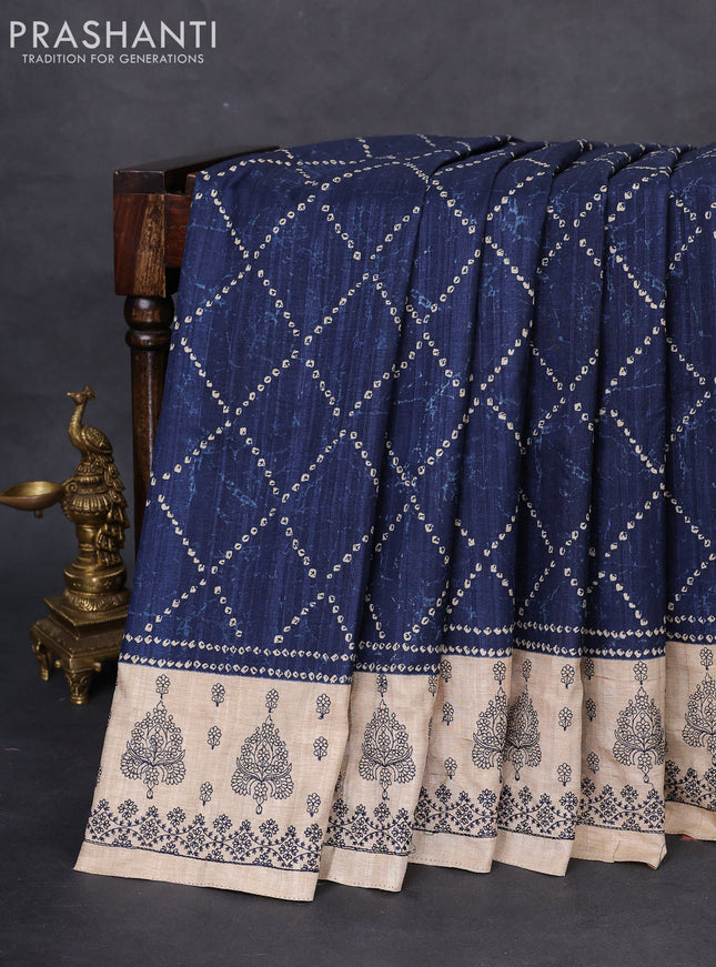 Semi tussar saree peacock blue and beige with allover bandhani prints and embroidery work border