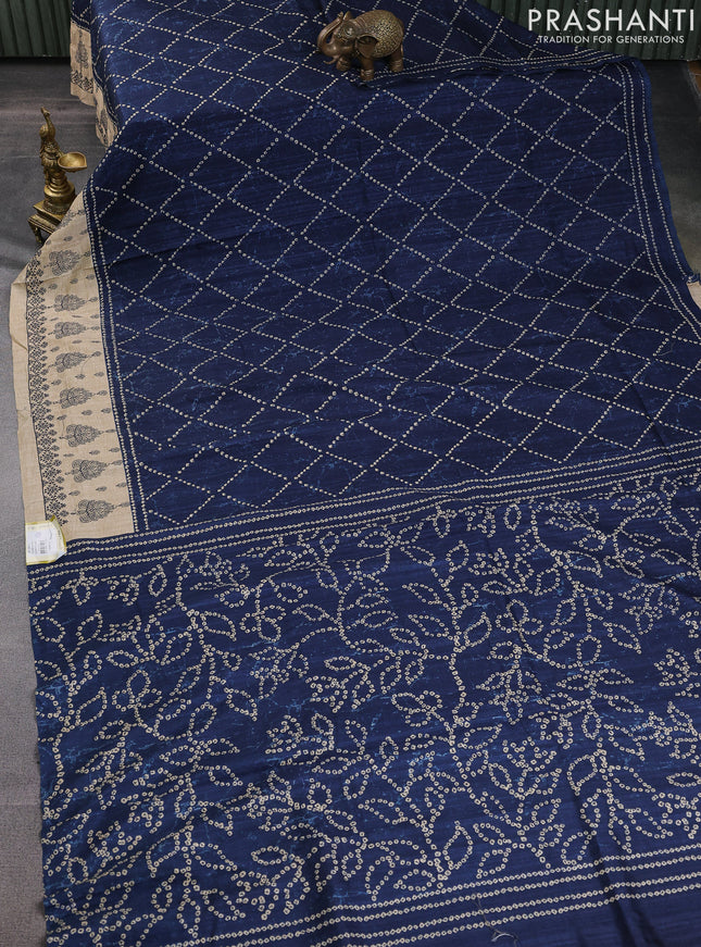 Semi tussar saree peacock blue and beige with allover bandhani prints and embroidery work border