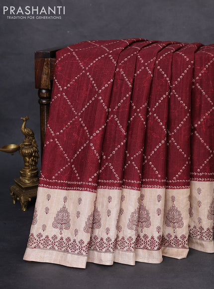 Semi tussar saree maroon and beige with allover bandhani prints and embroidery work border