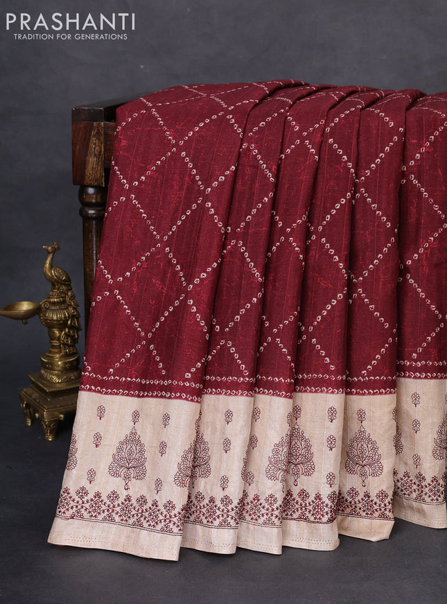 Semi tussar saree maroon and beige with allover bandhani prints and embroidery work border