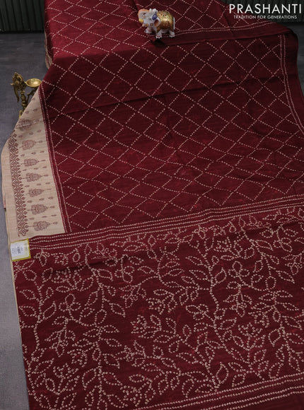 Semi tussar saree maroon and beige with allover bandhani prints and embroidery work border