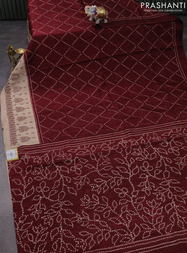 Semi tussar saree maroon and beige with allover bandhani prints and embroidery work border