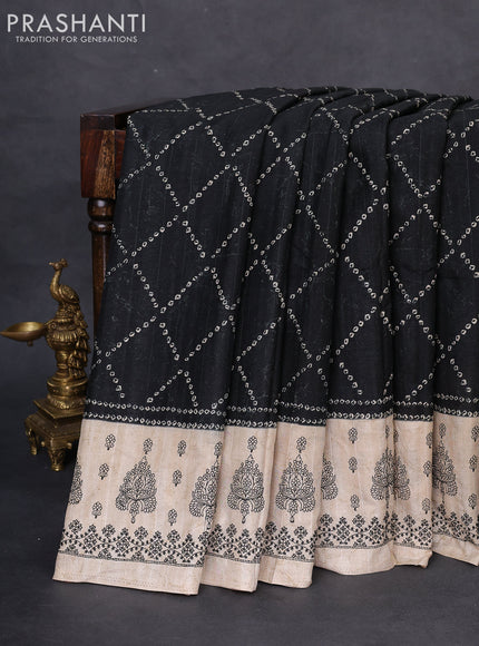 Semi tussar saree black and beige with allover bandhani prints and embroidery work border