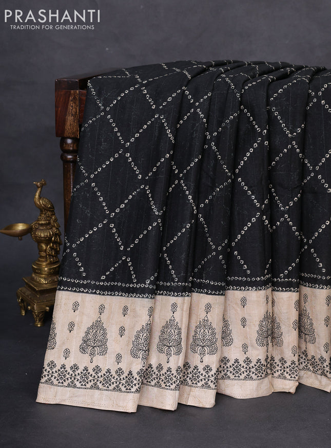 Semi tussar saree black and beige with allover bandhani prints and embroidery work border