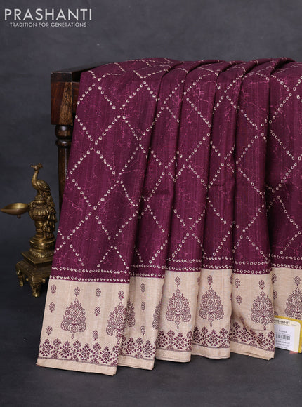 Semi tussar saree wine shade and beige with allover bandhani prints and embroidery work border